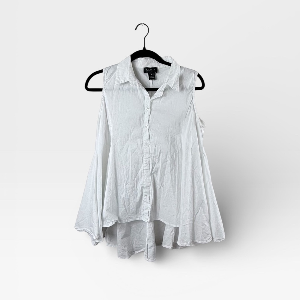 Gracia Blouse High/Low White Button‎ Down Medium (J)